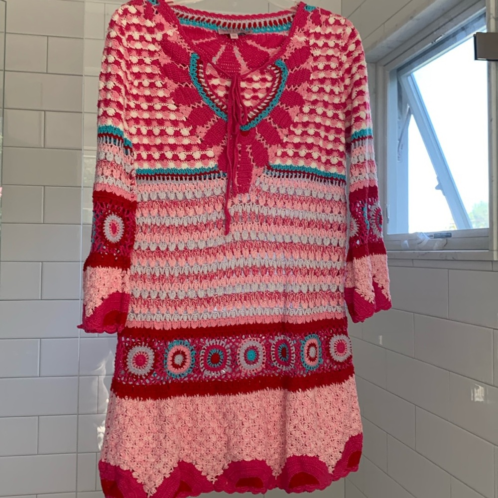Calypso St. Barth Women Crochet Sheer Knit Long bell Sleeve Dress Size S-